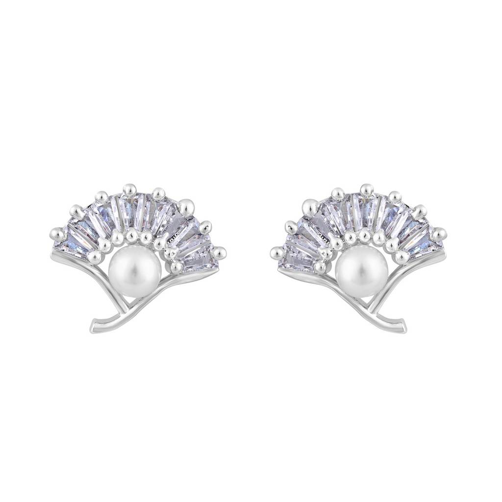 Rhodium-Plated Pearl Studded Contemporary Stud Earrings : EAR-JS25-30394