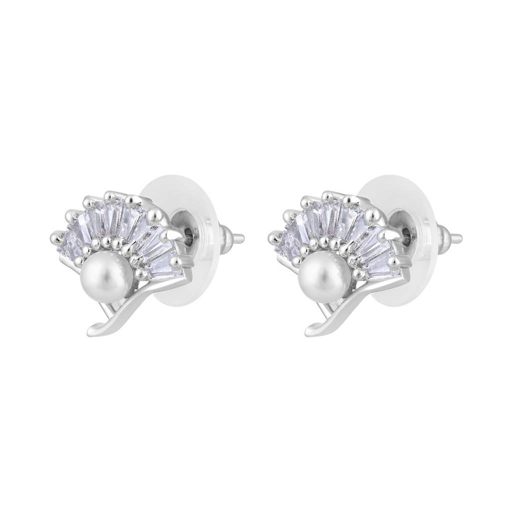 Rhodium-Plated Pearl Studded Contemporary Stud Earrings : EAR-JS25-30394