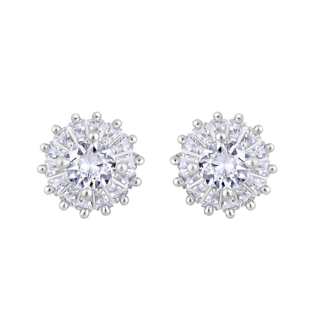 White Ad-Studded Floral Studs Earrings : EAR-JS25-30396