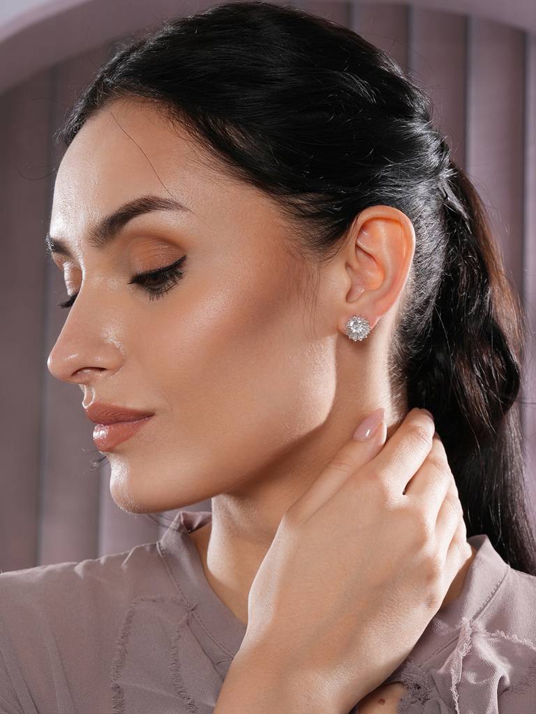 White Ad-Studded Floral Studs Earrings : EAR-JS25-30396