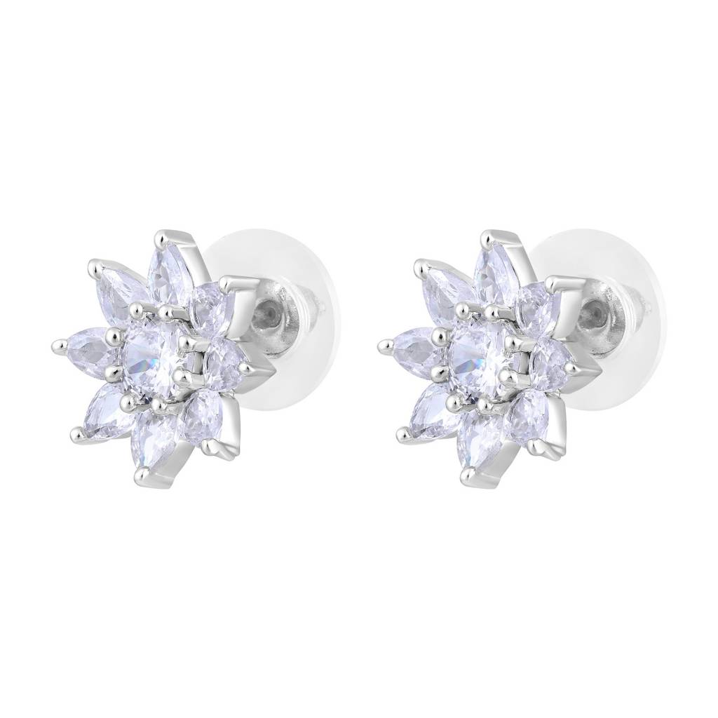 Rhodium Plated Ad Studded Star Shaped Studs Earrings : EAR-JS25-30397