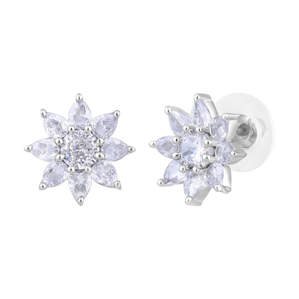 Rhodium Plated Ad Studded Star Shaped Studs Earrings : EAR-JS25-30397