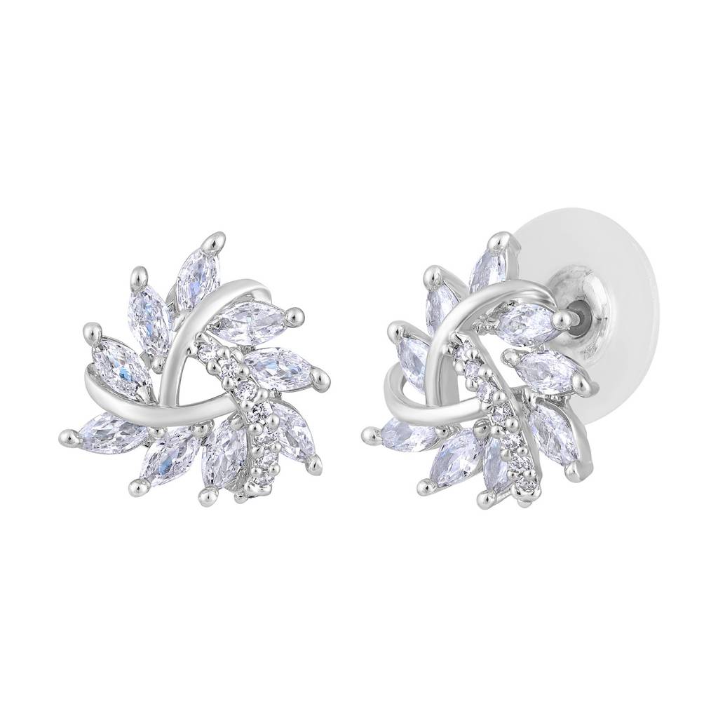 Rhoudium-Plated Cz Studded Triangular Floral Studs Earrings : EAR-JS25-30398