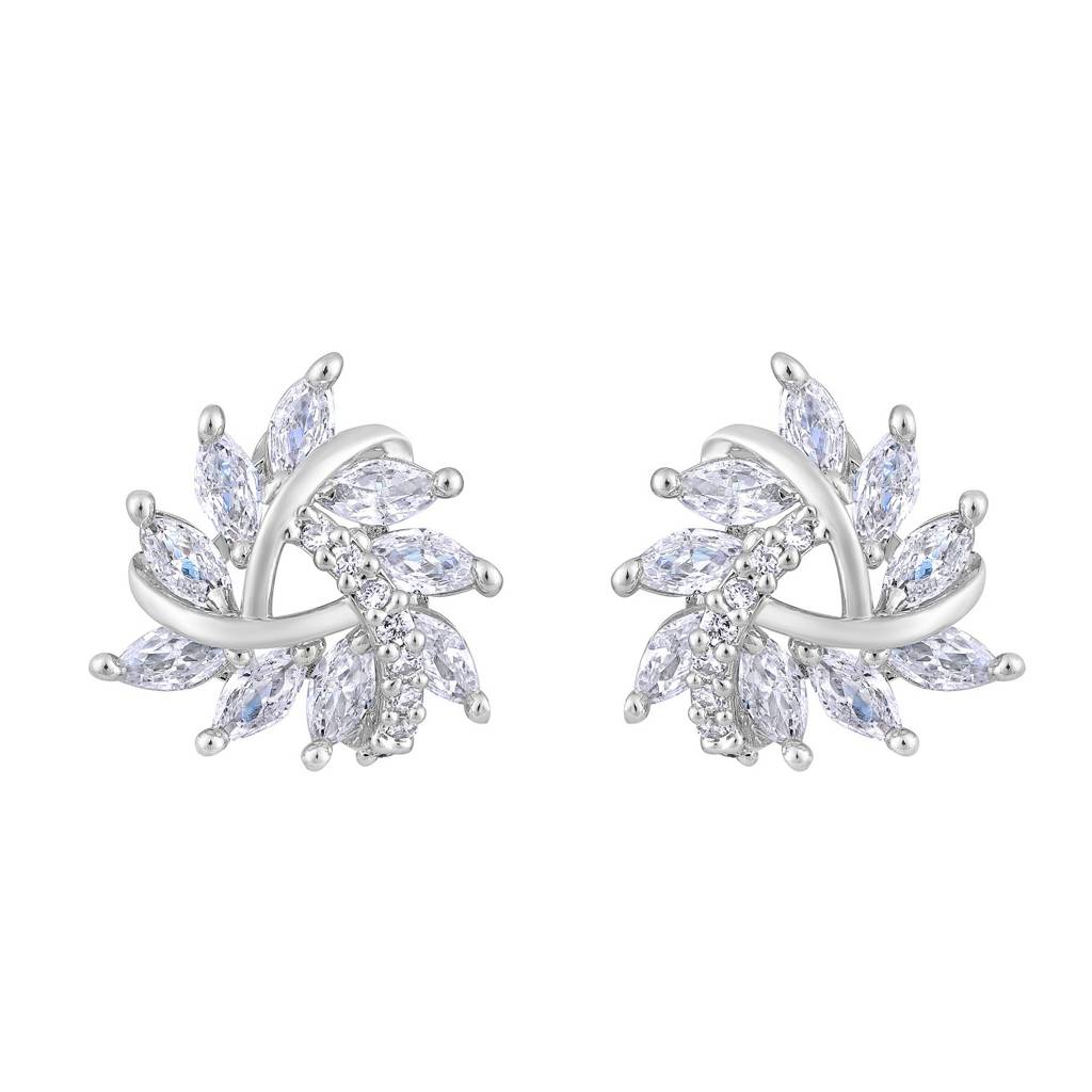 Rhoudium-Plated Cz Studded Triangular Floral Studs Earrings : EAR-JS25-30398