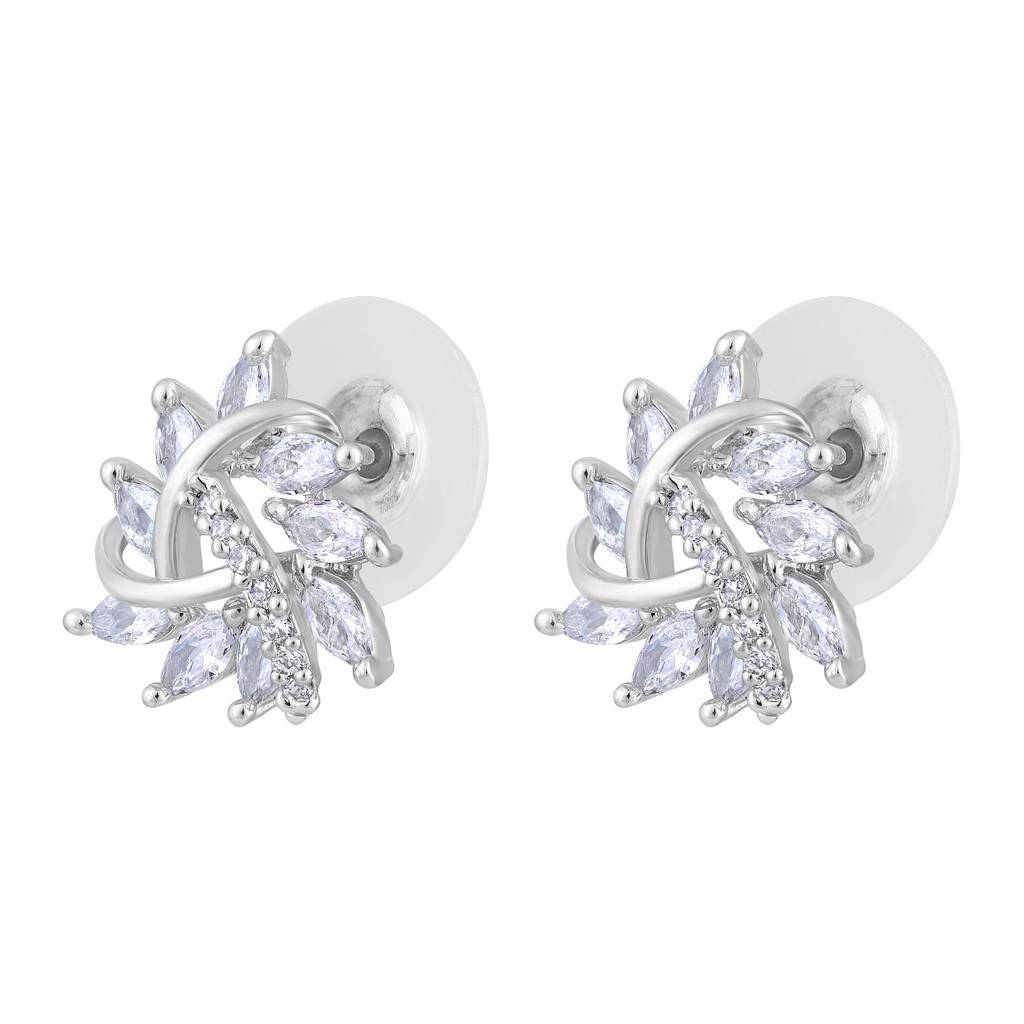 Rhoudium-Plated Cz Studded Triangular Floral Studs Earrings : EAR-JS25-30398