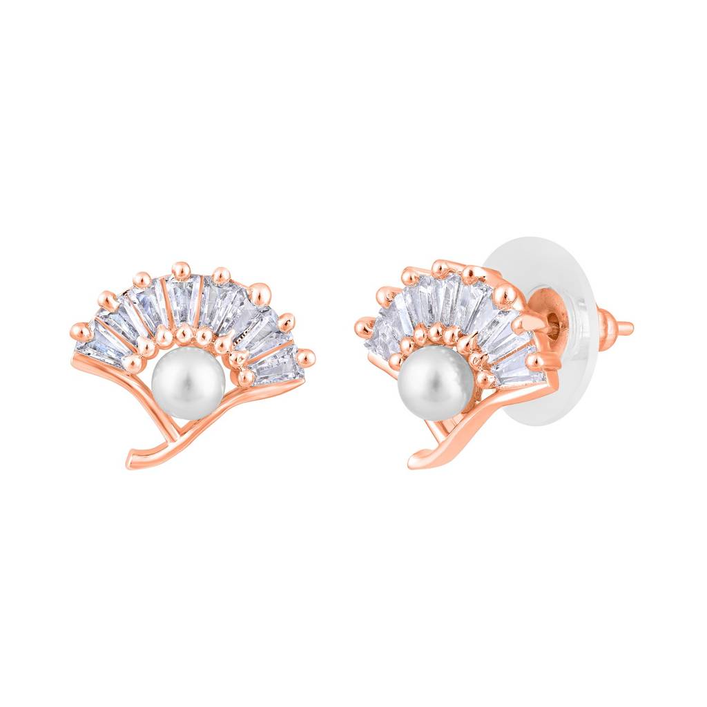 Rose Gold-Plated Pearl Studded Floral Stud Earrings : EAR-JS25-30399