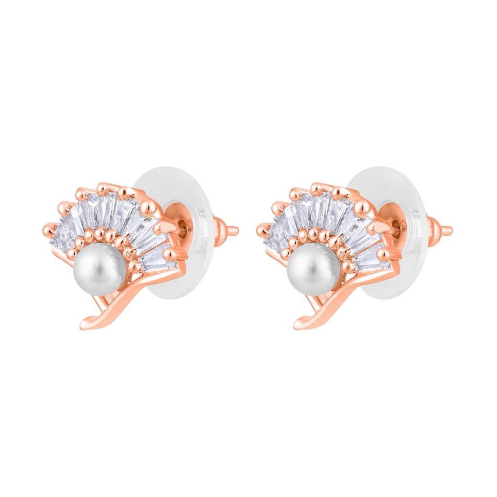 Rose Gold-Plated Pearl Studded Floral Stud Earrings : EAR-JS25-30399