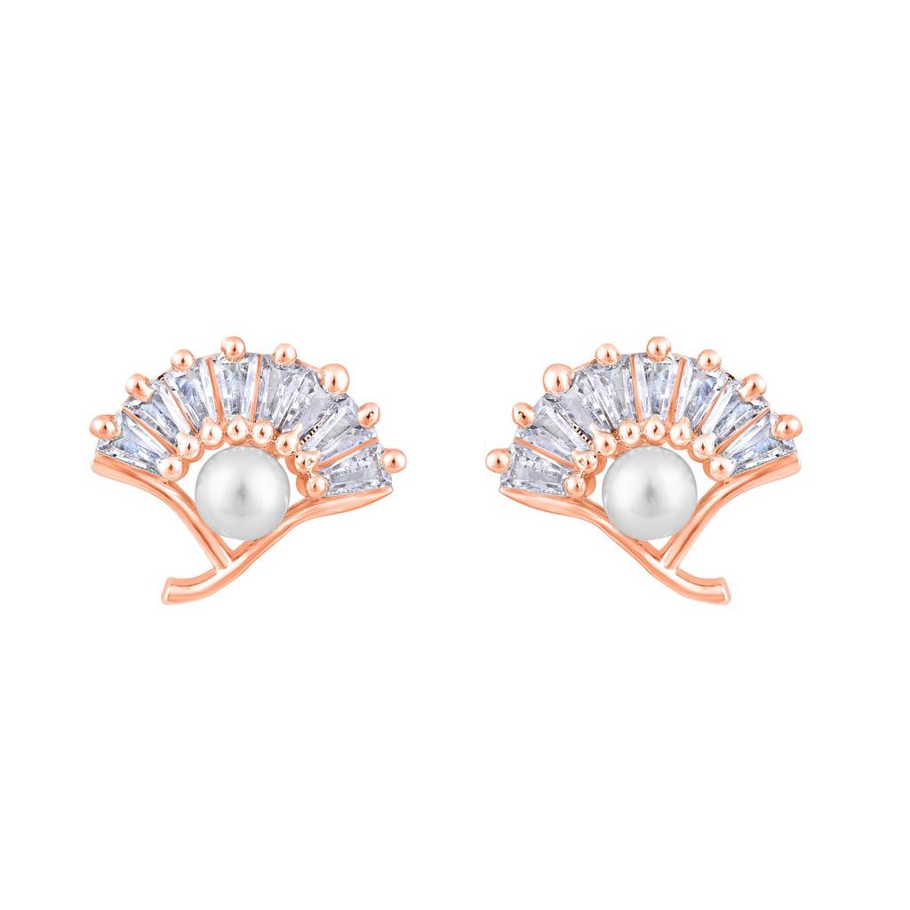 Rose Gold-Plated Pearl Studded Floral Stud Earrings : EAR-JS25-30399