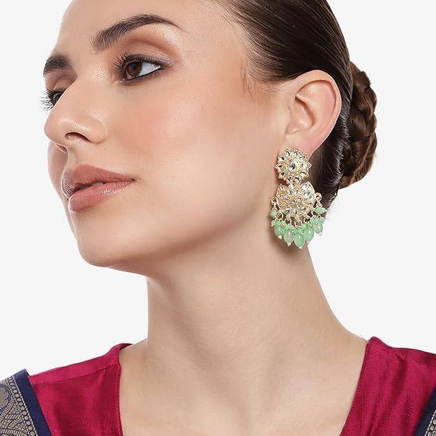 Gold-Plated Artificial Stones Studded & Beaded Floral Shaped Chandbalis : EAR-JS25-30474
