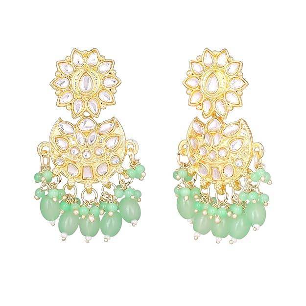 Gold-Plated Artificial Stones Studded & Beaded Floral Shaped Chandbalis : EAR-JS25-30474