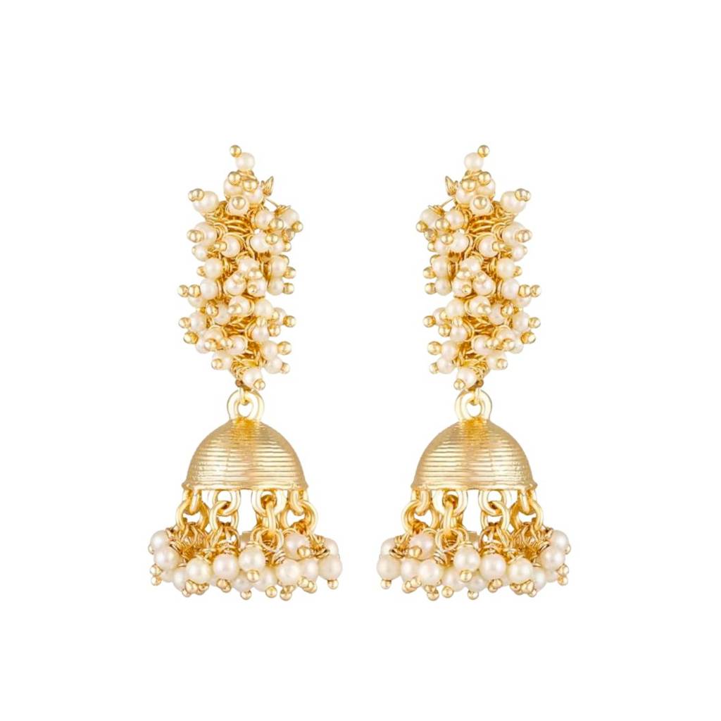 Gold Plated Pearls Beaded Dome Shaped Jhumkas : EAR-JS25-30475