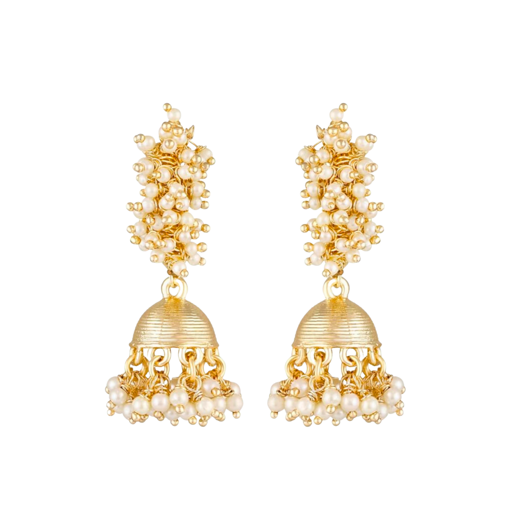 Gold Plated Pearls Beaded Dome Shaped Jhumkas : EAR-JS25-30475