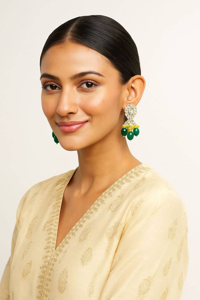 Gold Plated Artificial Stones Studded & Beaded Floral Shaped Drop Earrings-30478 : EAR-JS25-30478