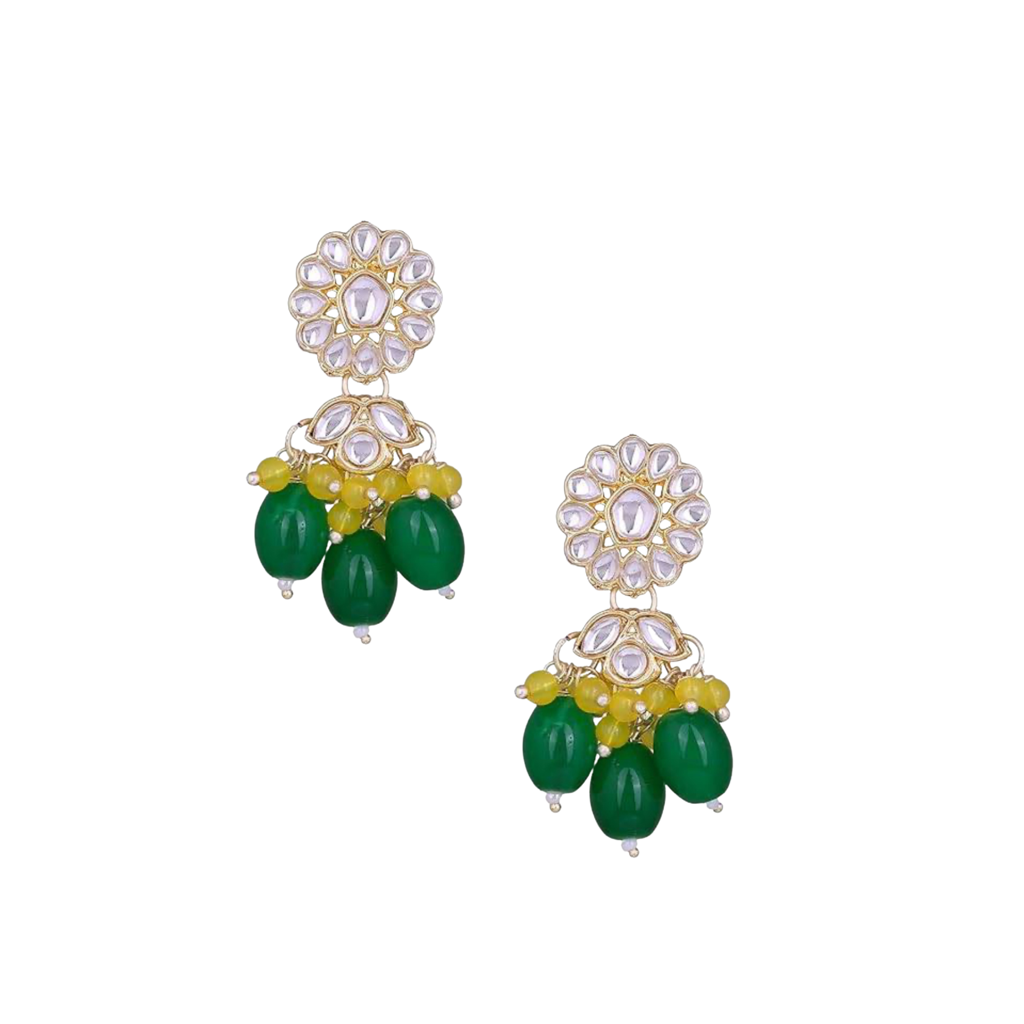 Gold Plated Artificial Stones Studded & Beaded Floral Shaped Drop Earrings-30478 : EAR-JS25-30478