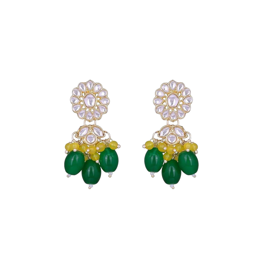 Gold Plated Artificial Stones Studded & Beaded Floral Shaped Drop Earrings-30478 : EAR-JS25-30478