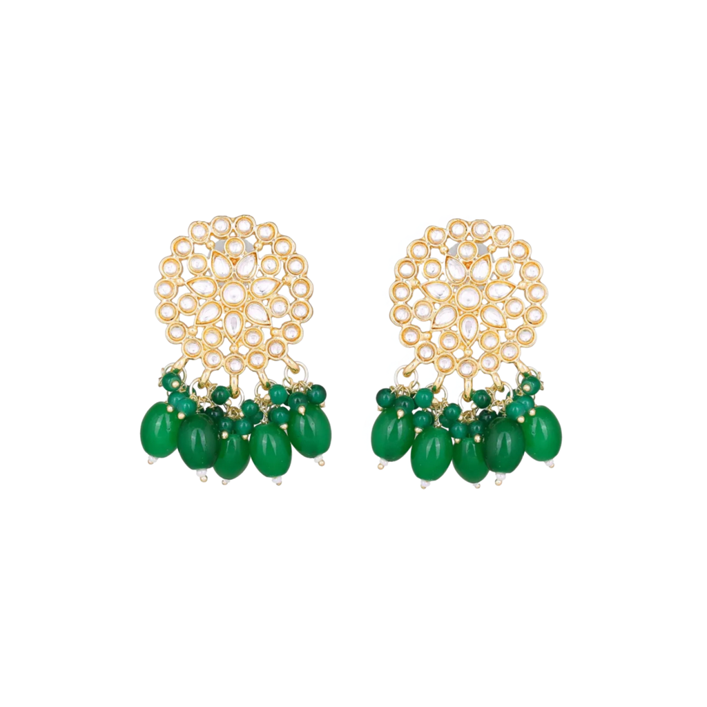 Gold Plated Artificial Stones Studded & Beaded Floral Shaped Drop Earrings-30479 : EAR-JS25-30479