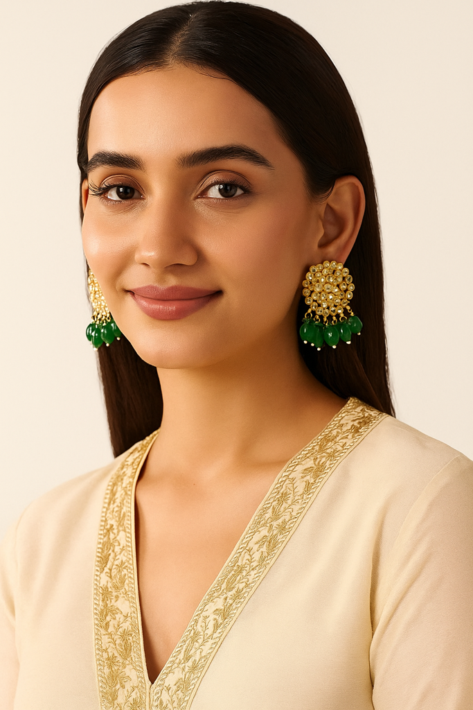 Gold Plated Artificial Stones Studded & Beaded Floral Shaped Drop Earrings-30479 : EAR-JS25-30479