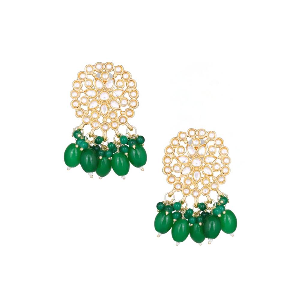 Gold Plated Artificial Stones Studded & Beaded Floral Shaped Drop Earrings-30479 : EAR-JS25-30479