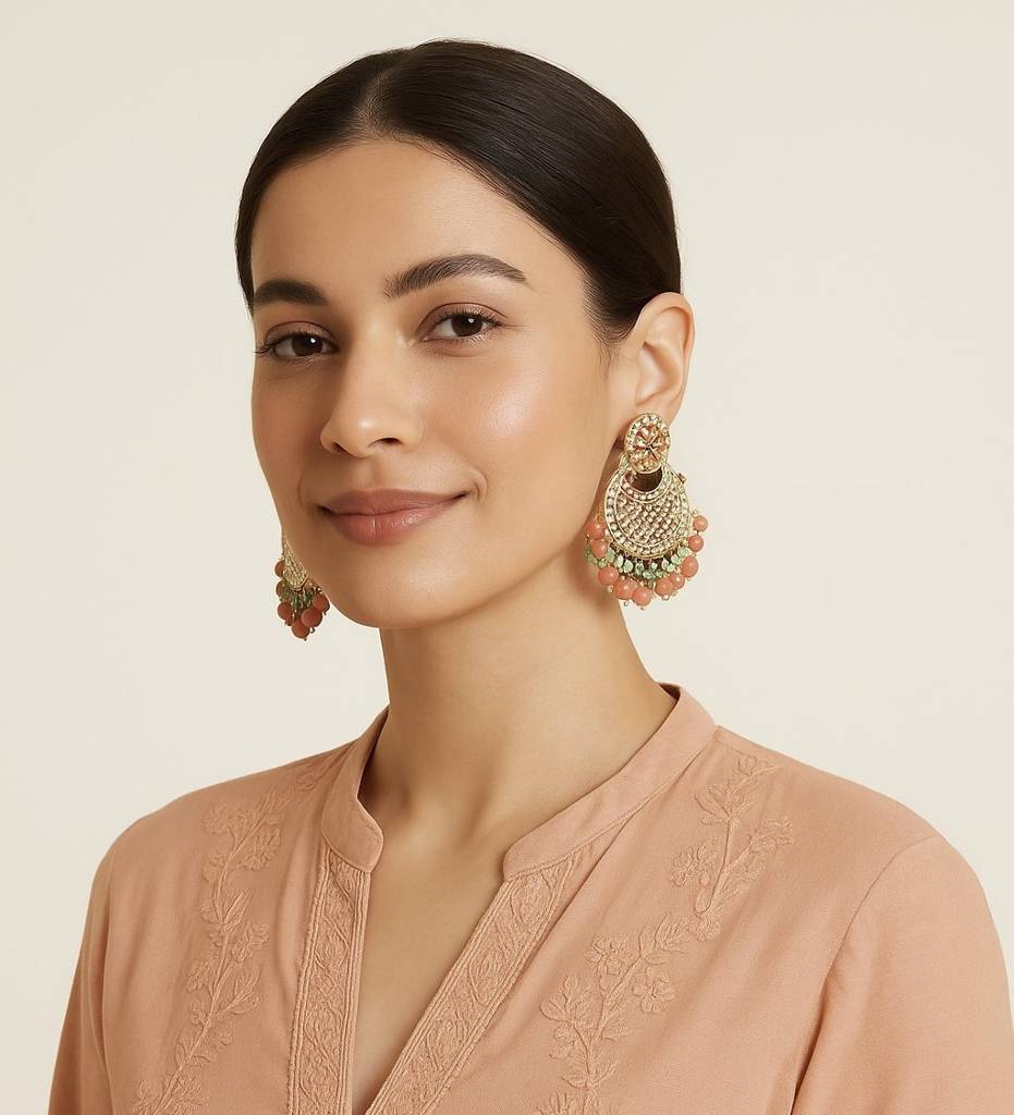 Gold Plated Artificial Stones Studded & Beaded Crescent Shaped Chandbalis : EAR-JS25-30481