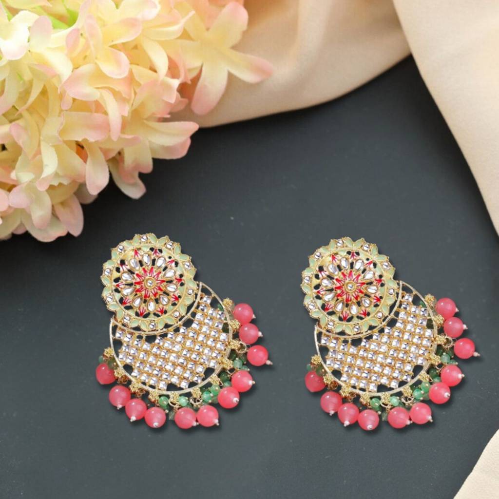 Gold Plated Artificial Stones Studded & Beaded Crescent Shaped Chandbalis : EAR-JS25-30481