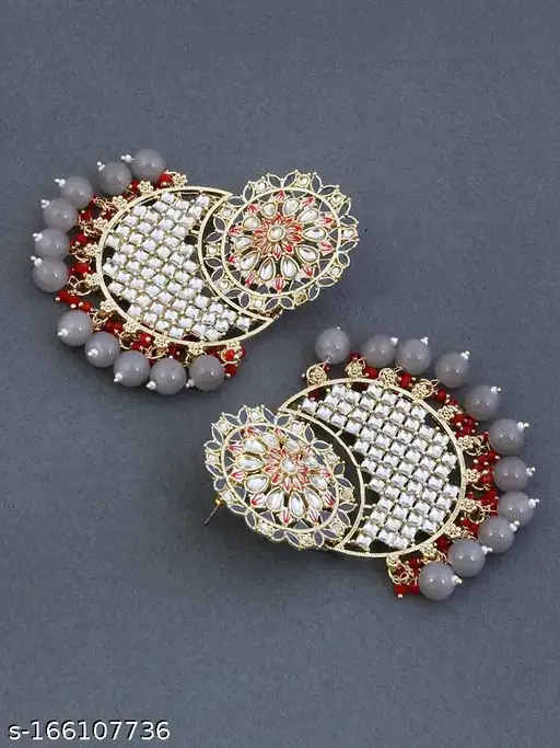 Gold Plated Artificial Stones Studded & Beaded Crescent Shaped Chandbalis : EAR-JS25-30485