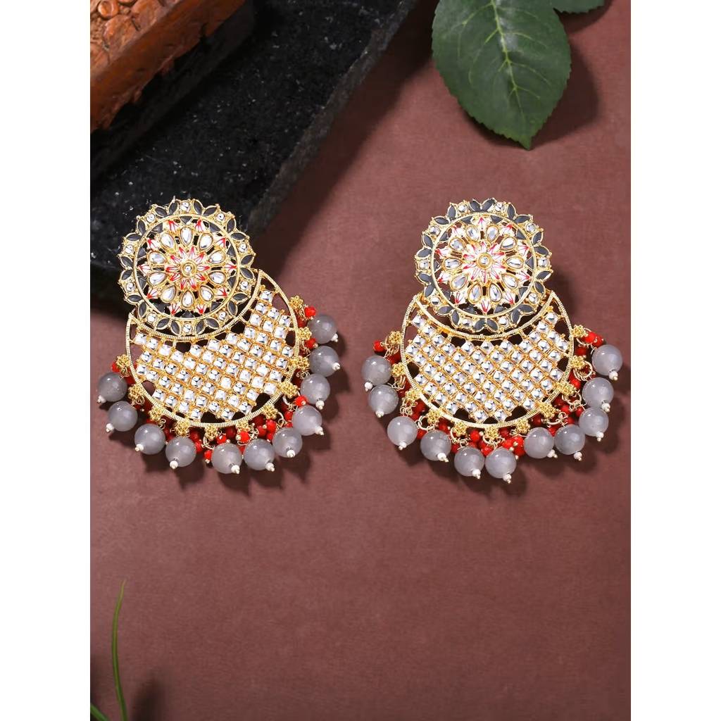 Gold Plated Artificial Stones Studded & Beaded Crescent Shaped Chandbalis : EAR-JS25-30485