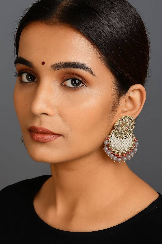Gold Plated Artificial Stones Studded & Beaded Crescent Shaped Chandbalis : EAR-JS25-30485