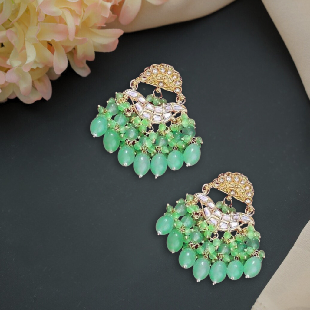 Gold-Plated Kundan Studded Artificial Beaded Square Shaped Drop