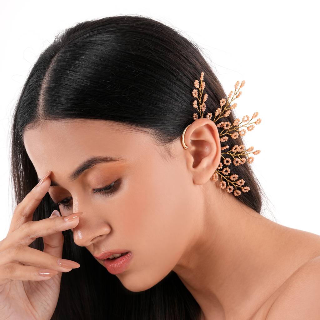 Peach Crystal Gold Plated Ear Cuff No Piercing : EC-137-01PEACH