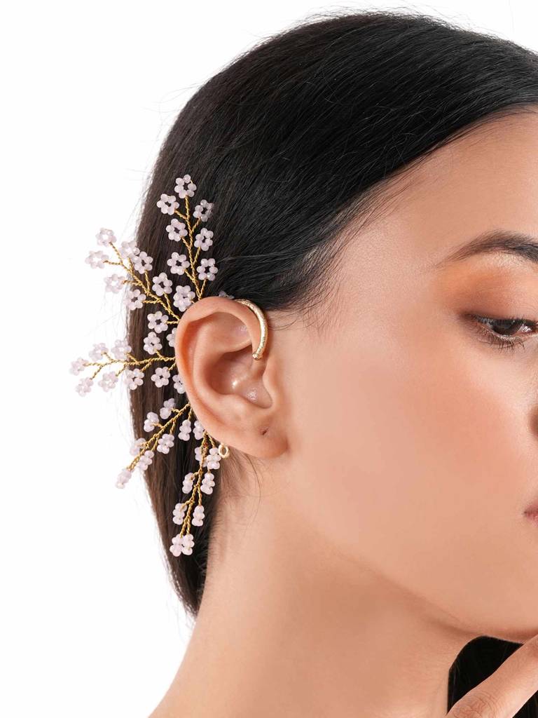 Gold Plated Baby Pink No Piercing Floral Designer Earcuff : EC-140-02PINK