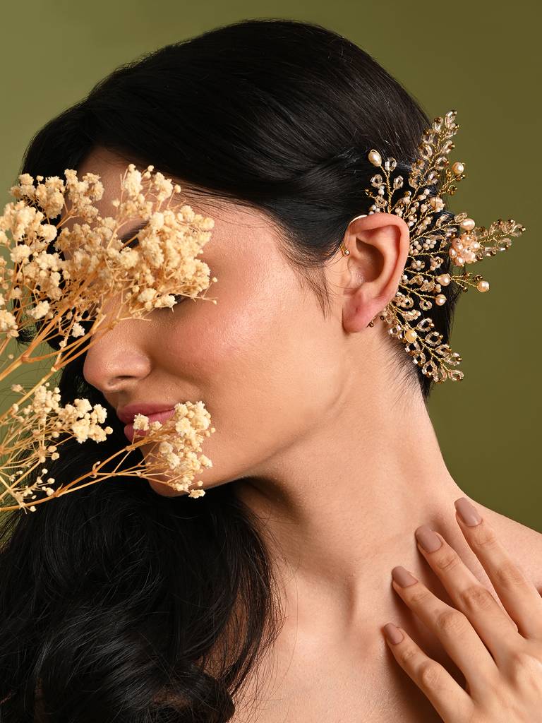 Peach Pearl Gold Plated Designer Ear Cuff For Haldi Mehendi Wedding : EC-146-01PEACH