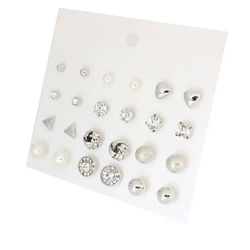 All Things Silver Diamond Triangle Heart Inlaid 12 Pairs Stud Earrings : EC120112