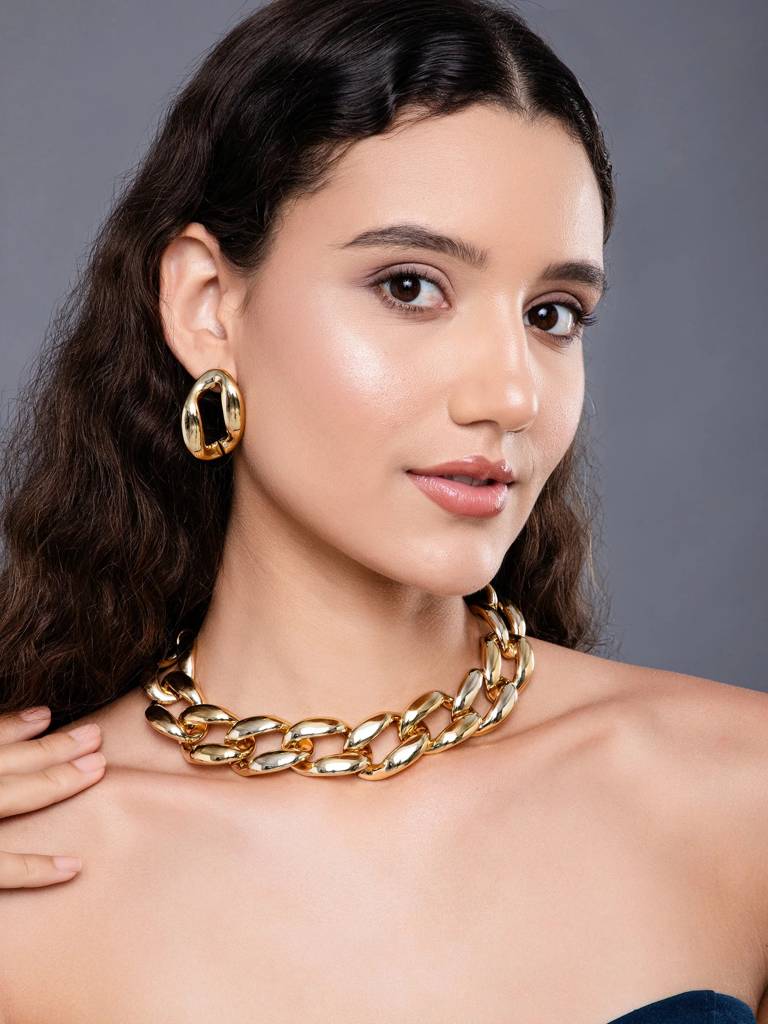 Chunky Chic Golden Necklace And Earrings For Women & Girls : EN24245-G