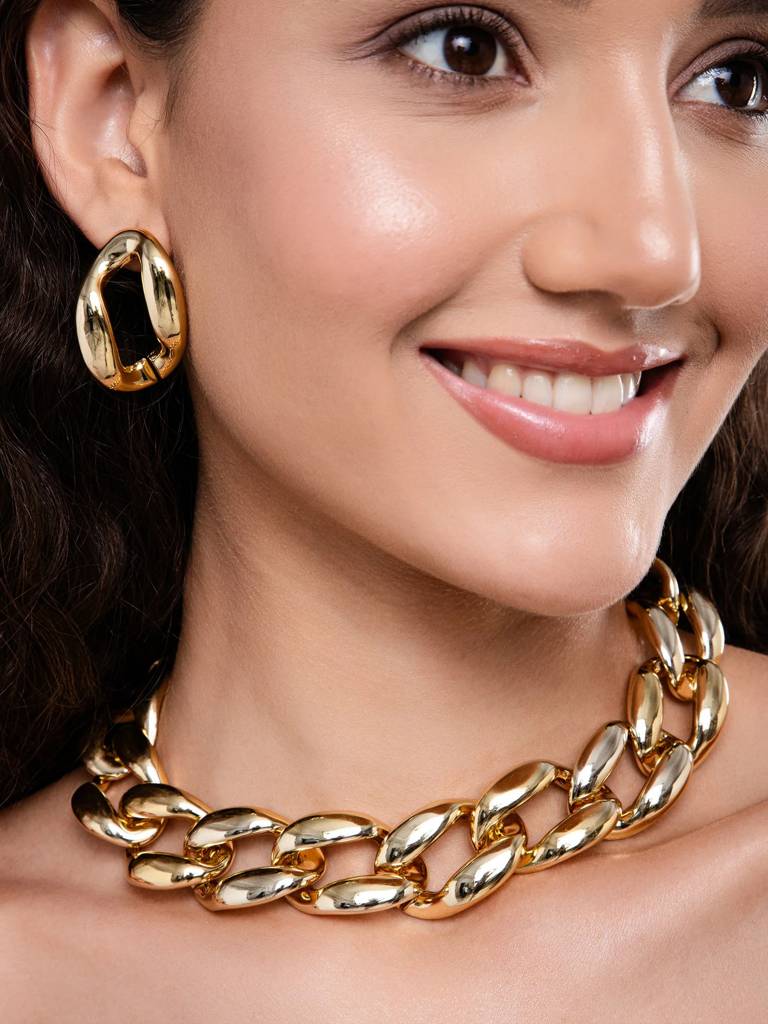 Chunky Chic Golden Necklace And Earrings For Women & Girls : EN24245-G