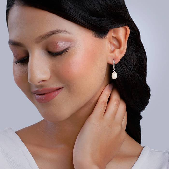 Silver White Pearl Drop Earrings : ER003