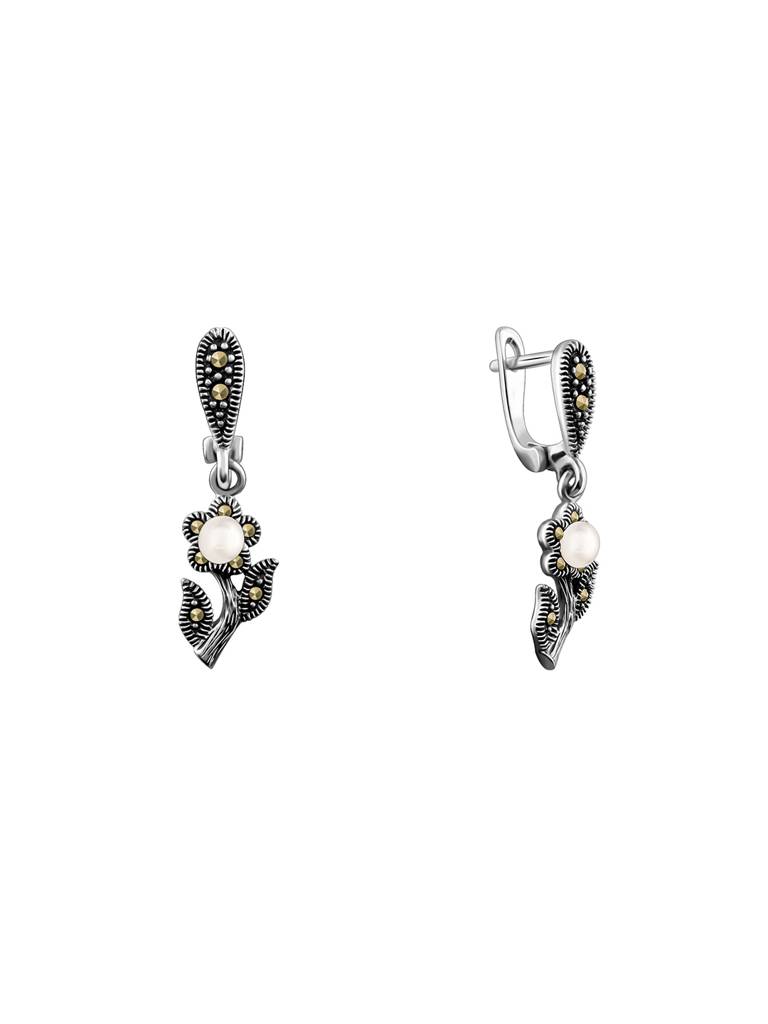 Oxidised Silver Pearl Fleur Earrings : ER01177