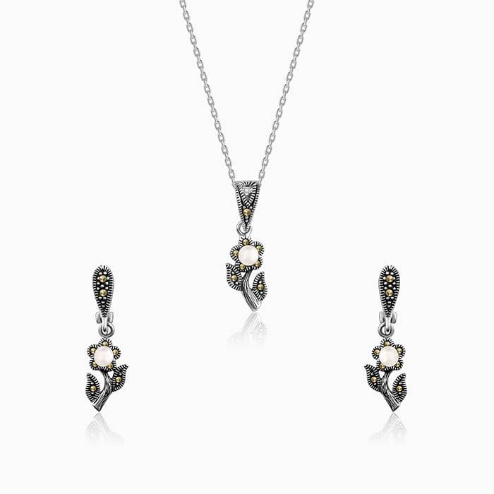 Giva 925 Oxidised Silver Pearl Fleur Set|Gifts For Women And Girls | With Certificate Of Authenticit : ER01177PD01192