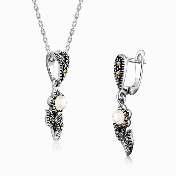 Giva 925 Oxidised Silver Pearl Fleur Set|Gifts For Women And Girls | With Certificate Of Authenticit : ER01177PD01192
