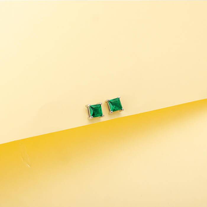 Silver Emerald Green Square Stud Earrings : ER01288
