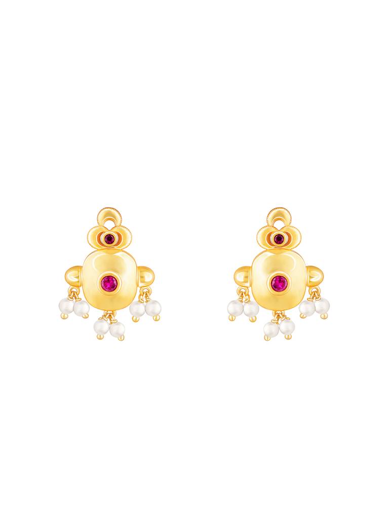 GIVA 925 Sterling Silver Golden Red Stone Dangling Pearls Earrings