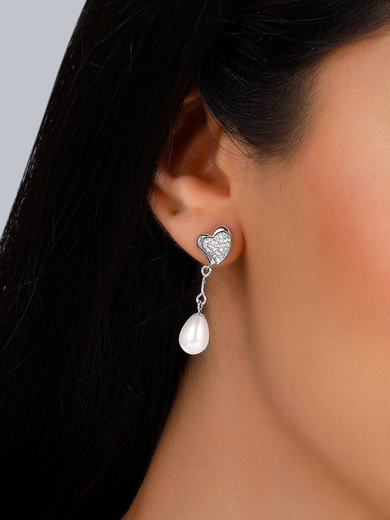 GIVA 925 Sterling Silver Sparkling Hearts and Pearl Earrings