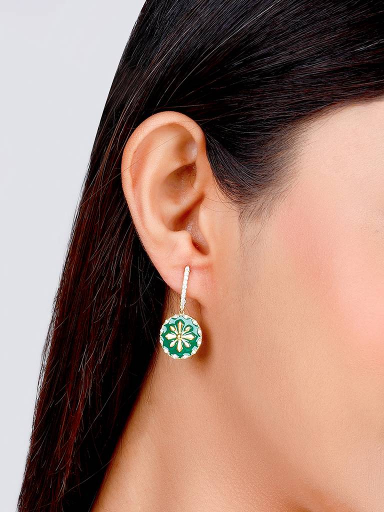 Giva 925 Sterling Silver Golden And Green Enamel Flower Earrings