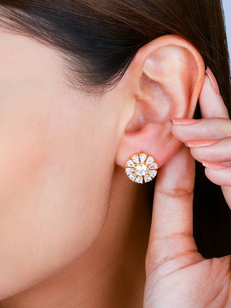 GIVA 925 Sterling Silver Golden Round Zircon Studded Earrings