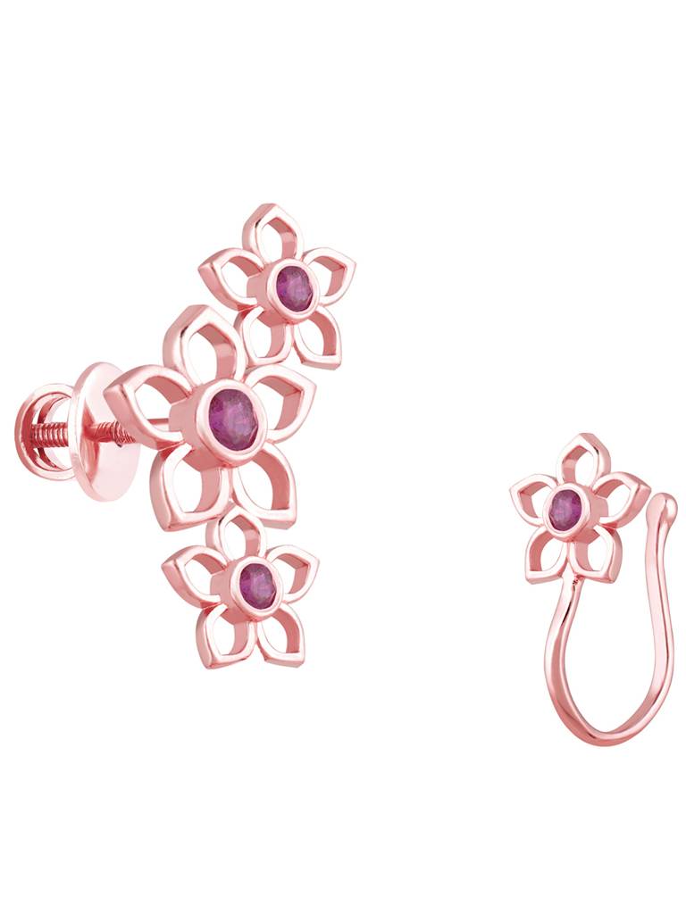 GIVA 925 Sterling Silver Rose Gold Floral Coral Earrings Ear Cuff Set