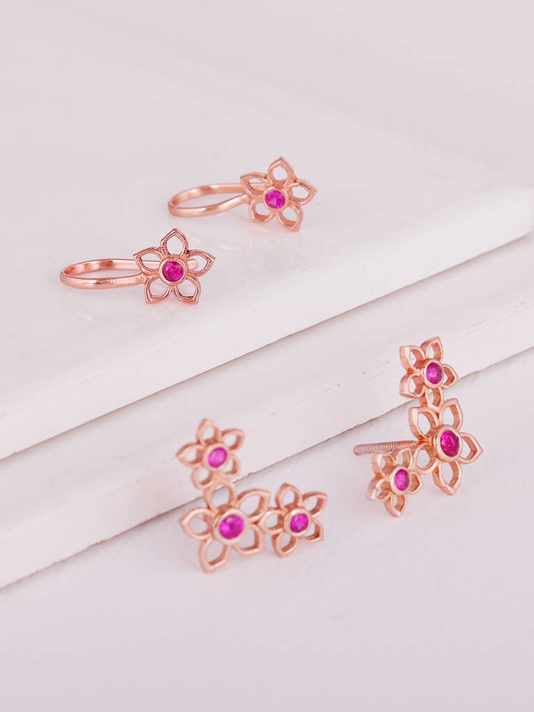 GIVA 925 Sterling Silver Rose Gold Floral Coral Earrings Ear Cuff Set