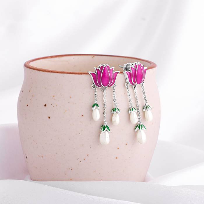 Oxidized Silver Pichwai Lotus Earrings : ER01996