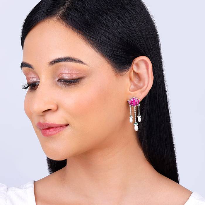 Oxidized Silver Pichwai Lotus Earrings : ER01996