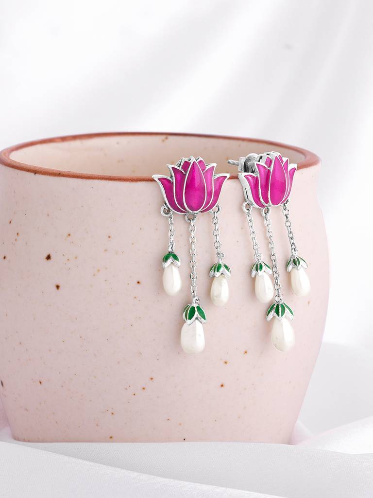 Oxidized Silver Pichwai Lotus Earrings : ER01996