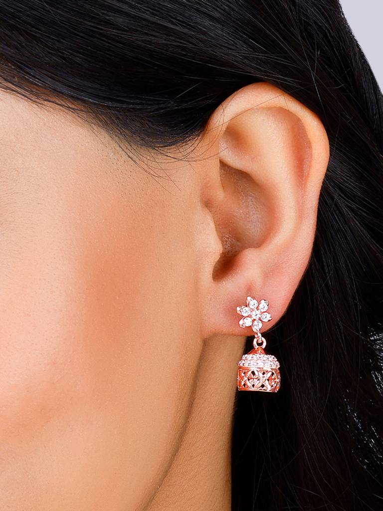 Giva 925 Sterling Silver Rose Gold Floral Fantasy Jumki Earrings
