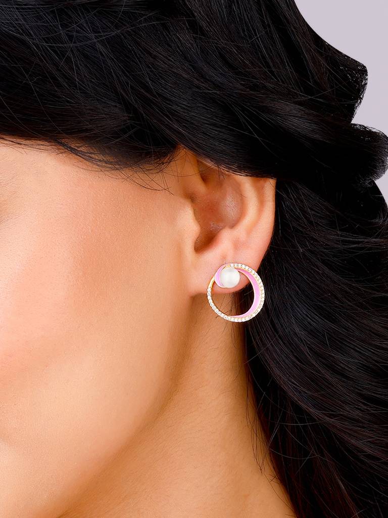 Giva 925 Sterling Silver Golden Stylish Enamel & Pearl Earrings